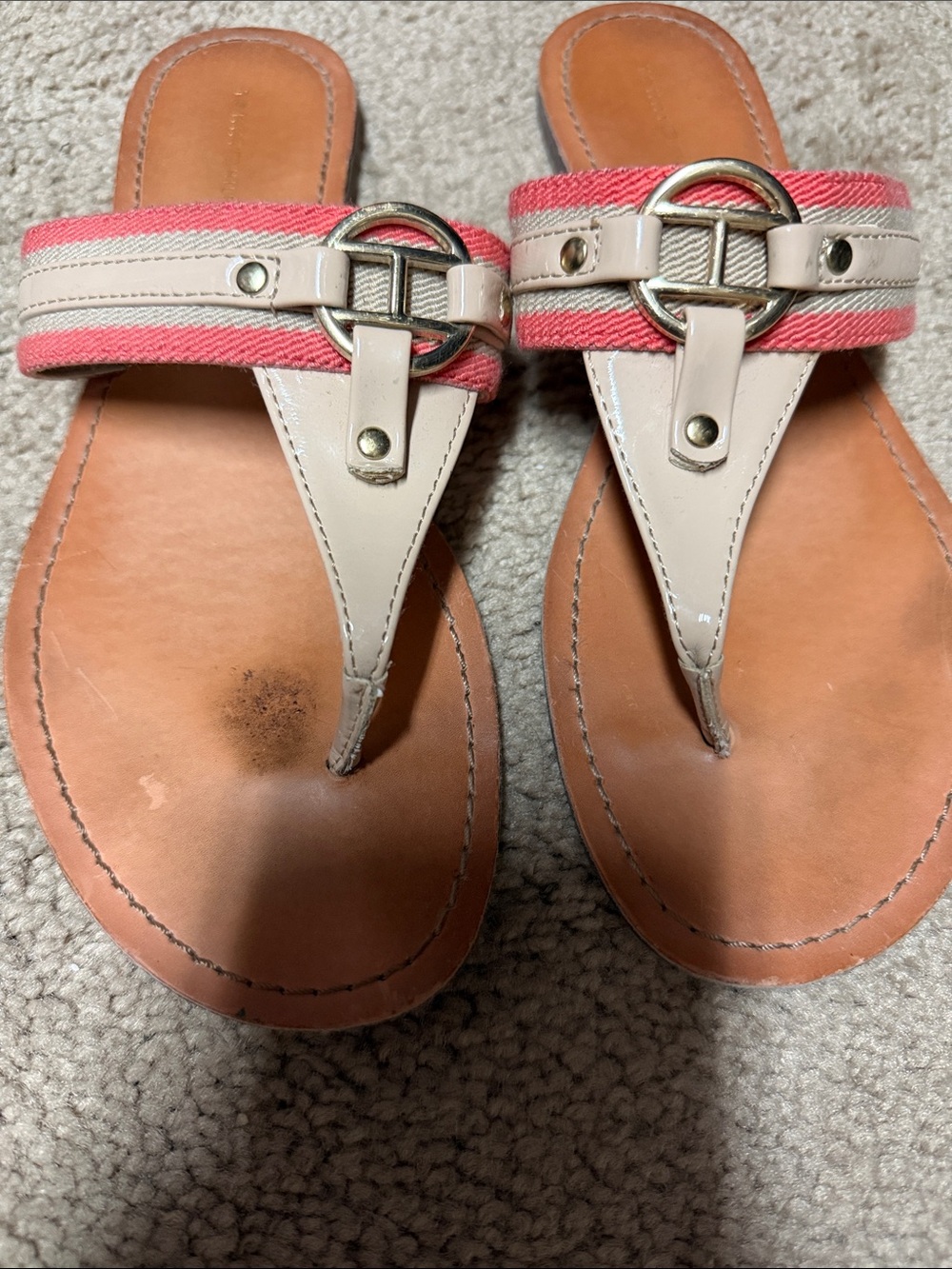 Tommy Hilfiger Coral and Beige Patent Leather Strap Sandals